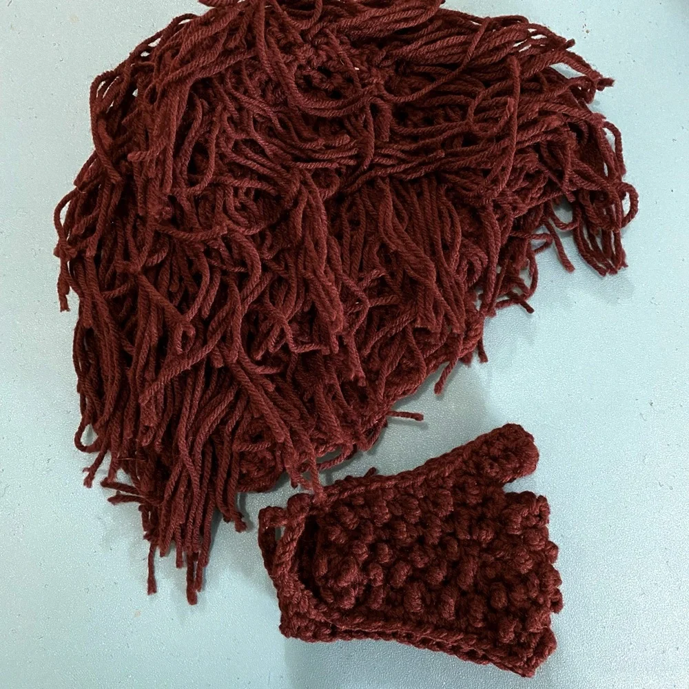 Handmade Brown Crochet Hair-Hat & Mustache & Beard Mask Set